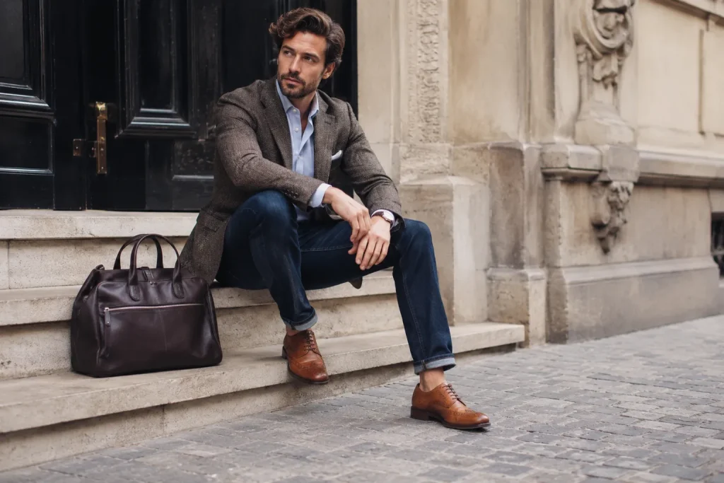 Mann mit Sakko, Jeans und braunen Budapester Schuhen im Smart-Casual-Look auf Steintreppe