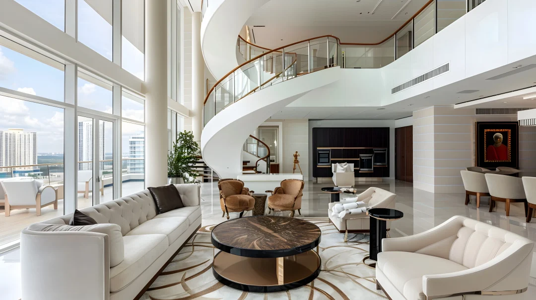 Moderne Luxusimmobilien mit offener Galerie, geschwungener Design-Treppe, raumhohen Glasfenstern und lichtdurchflutetem Wohnbereich