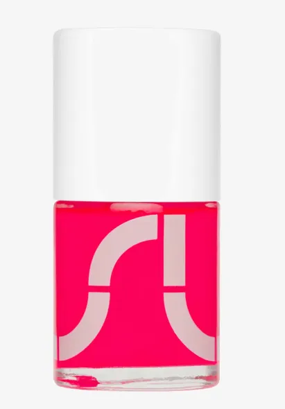 Uslu Airlines Nagellack in leuchtendem Neonpink mit weißem Logo auf transparentem Glasflakon