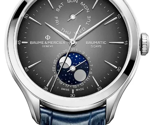Baume & Mercier Herrenuhr Clifton Baumatic mit grauem Zifferblatt, Mondphasenanzeige und blauem Lederarmband