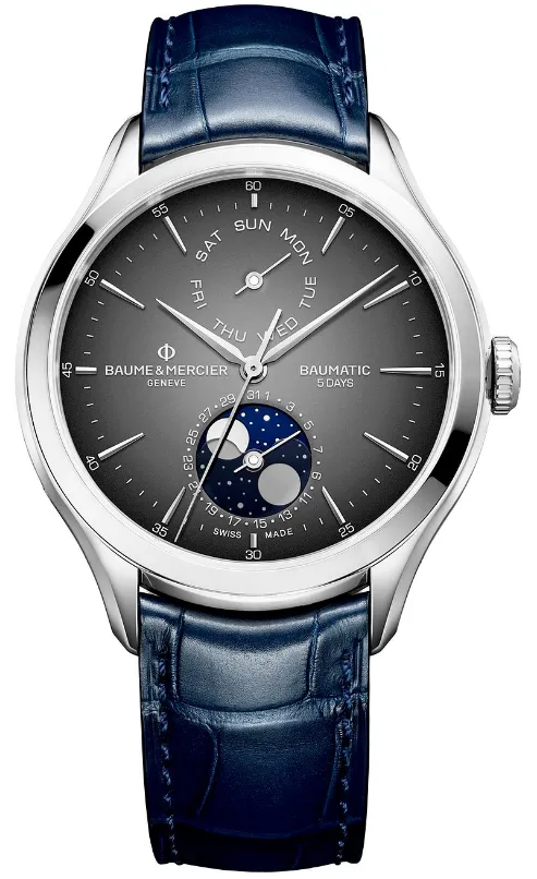 Baume & Mercier Herrenuhr Clifton Baumatic mit grauem Zifferblatt, Mondphasenanzeige und blauem Lederarmband