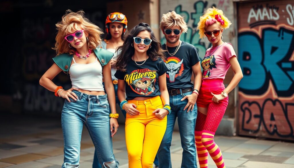 Eine lebendige Modeszene der 1980er Jahre mit kräftigen Farben und Mustern, übergroßen Schulterpolstern, hoch taillierten Jeans, Neon-Accessoires, Stulpen, Scrunchies, grafischen T-Shirts, stylischen Sonnenbrillen und voluminösen Retro-Frisuren. Dynamische Posen vor einem urbanen Hintergrund mit Graffiti-Elementen unterstreichen den charakteristischen Stil der Ära.