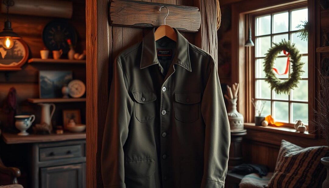 Eine klassische Barbour-Jacke hängt an einem rustikalen Holzkleiderhaken in einem gemütlichen Kabinen-Setting, umgeben von naturinspiriertem Dekor. Warme Herbsttöne und sanftes, natürliches Licht strömen durch ein Fenster und schaffen eine zeitlose und einladende Atmosphäre.