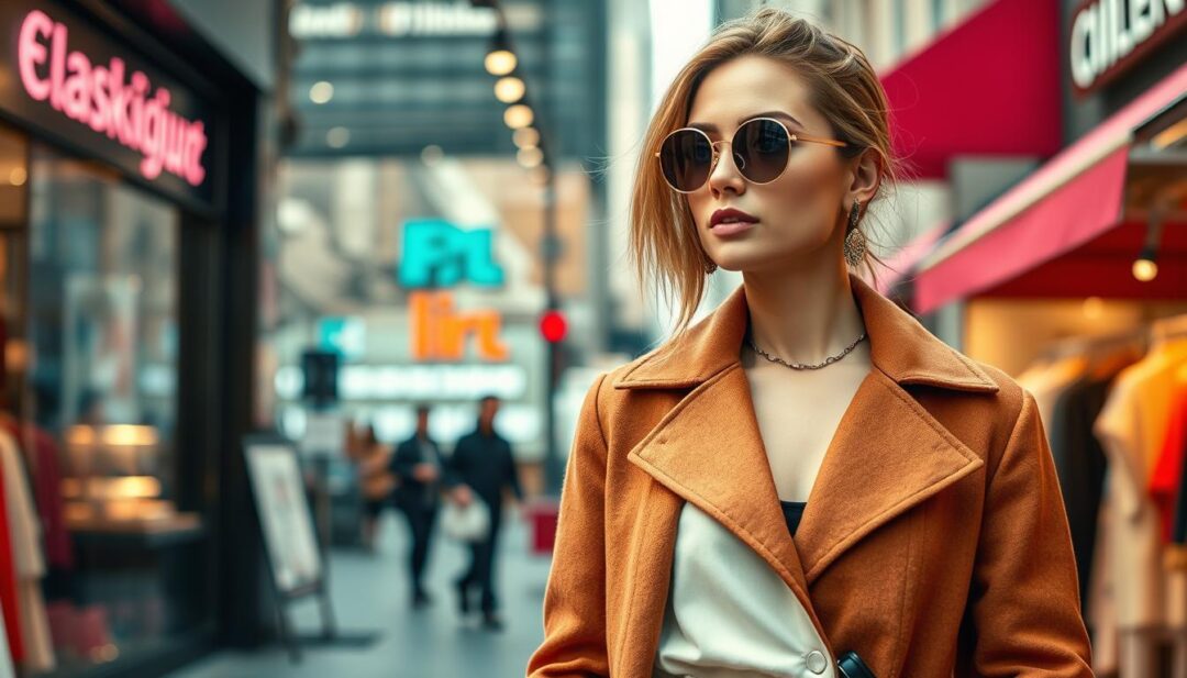 Eine stilvolle Frau in moderner Damenmode, die elegante Kleidung und schicke Accessoires präsentiert, eingebettet in eine lebendige urbane Umgebung mit einem Hintergrund aus trendigen Boutiquen und pulsierendem Stadtleben. Der Fokus liegt auf Texturen und Farben, die zeitgenössisches Design und Raffinesse betonen.