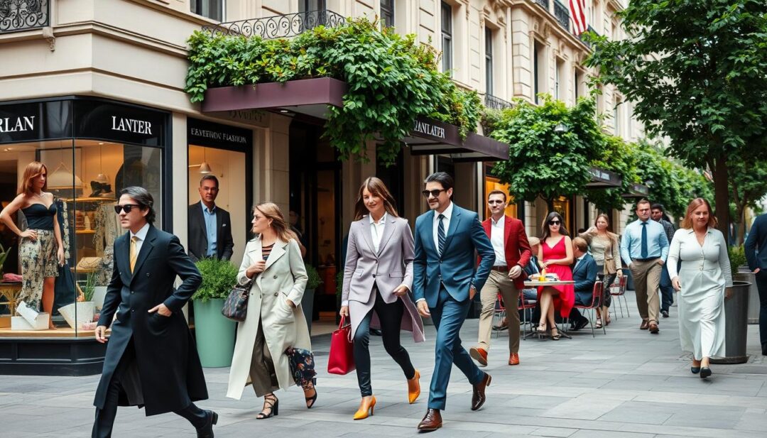Eine lebendige Straßenszene in einer Modemetropole, mit stilvollen Passanten, die hochkarätige Designermode tragen. Im Hintergrund ikonische Architektur, modische Boutiquen mit farbenfrohen Schaufenstern, ein geschäftiges Straßencafé mit elegant gekleideten Gästen und Grünflächen, die einen Hauch von Natur in die urbane Eleganz einbringen.