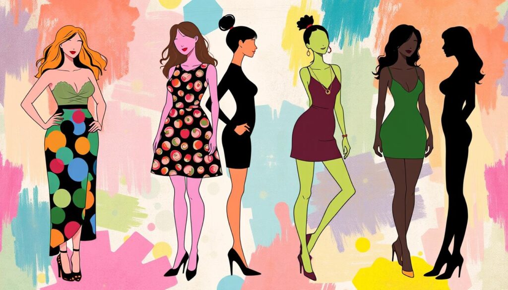 Eine farbenfrohe und künstlerische Darstellung verschiedener Körperformen und Silhouetten, elegant präsentiert. Die Vielfalt von Figuren wie Sanduhr, Birne, Apfel, Rechteck und umgekehrtes Dreieck steht im Mittelpunkt, wobei die Schönheit und Einzigartigkeit jeder Form betont wird. Verspielte Muster, Texturen und Accessoires ergänzen jede Körperform, eingebettet in einen lebendigen, abstrakten Hintergrund.