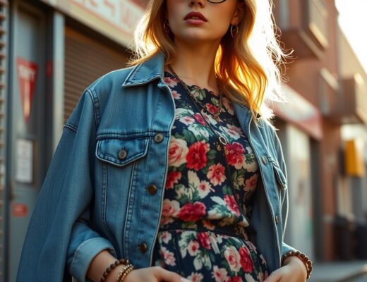 Ein stilvolles Outfit mit einem vintage floralen Kleid, kombiniert mit modernen Accessoires und einer Jeansjacke. Der Look wird vor einem retro-inspirierten urbanen Hintergrund präsentiert, der eine Mischung aus alten und neuen Modeelementen zeigt. Das warme Sonnenlicht wirft sanfte Schatten und verstärkt die nostalgische, aber moderne Atmosphäre.