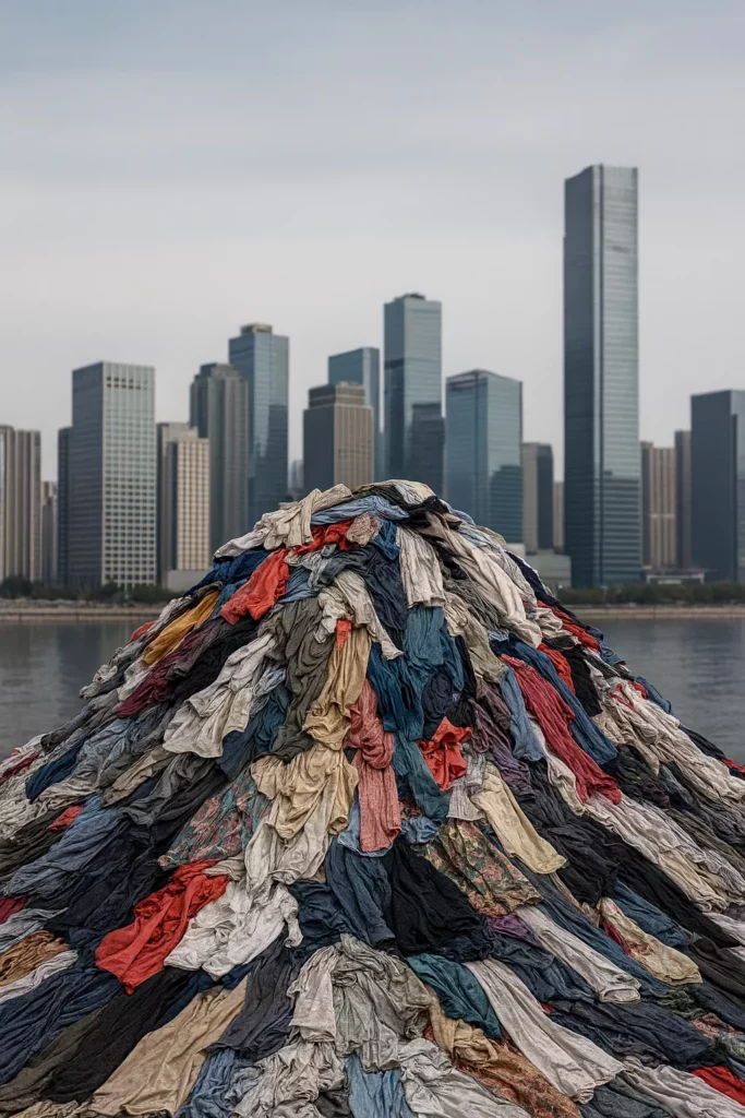 „Großer Kleiderberg aus weggeworfener Kleidung vor moderner Skyline – Symbolbild für Fast Fashion und Textilmüll.