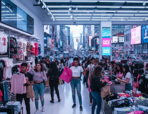 Fast Fashion: Jugendliche und junge Erwachsene kaufen in einem Store in einer belebten Innenstadt, Symbol für schnellen Modekonsum und Überkonsum.