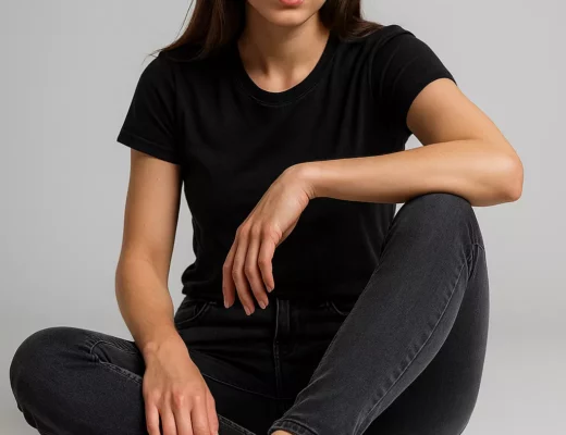 Model sitzt in grauen Skinny Jeans mit schwarzen Nike Sneakern und schwarzem T-Shirt – urbaner Denim-Trend 2025