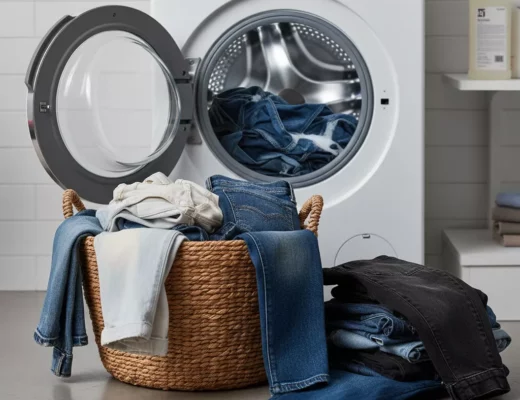 Jeans waschen – offene Frontlader-Waschmaschine mit sortierten blauen und schwarzen Jeans im Wäschekorb, bereit für das richtige Programm bei 30 °C.