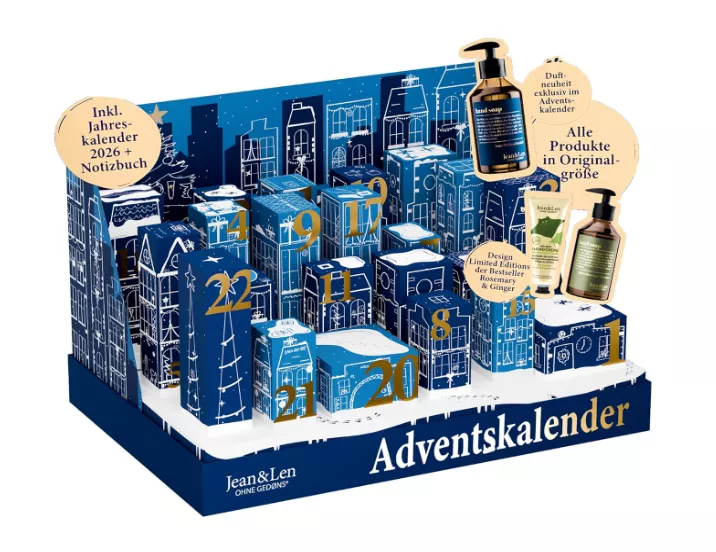 Jean & Len Adventskalender 2025 mit 24 veganen Pflegeprodukten in Originalgröße, inkl. Jahreskalender 2026 und Notizbuch