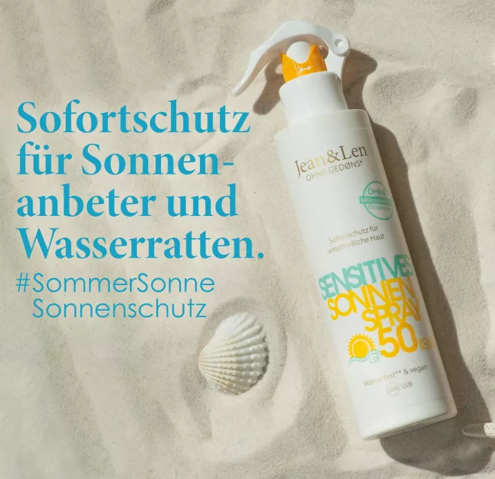 Jean & Len Sonnenspray LSF 50 für empfindliche Haut, wasserfest und vegan, Sofortschutz ohne Gedøns