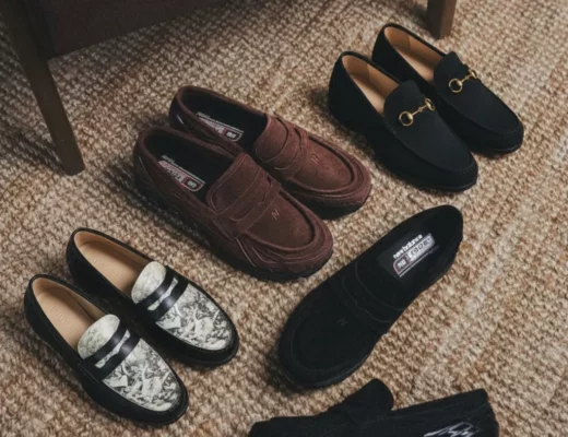 Mehrere Loafer-Modelle: braune und schwarze New Balance 1906 Loafer, Gucci Horsebit Loafer in Schwarz sowie Duke + Dexter Wilde Penny Loafer mit Print.