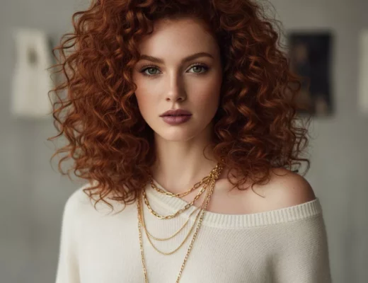 Rote Haare mit leuchtenden Locken, elegant gestylt mit Goldschmuck und hellem Pullover.