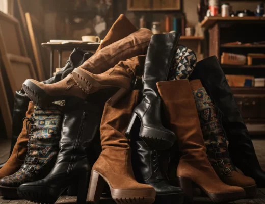 Mehrere Paar Overknee- und Lederstiefel aus Wildleder und Glattleder in Braun und Schwarz, modisch arrangiert im herbstlichen Ambiente.