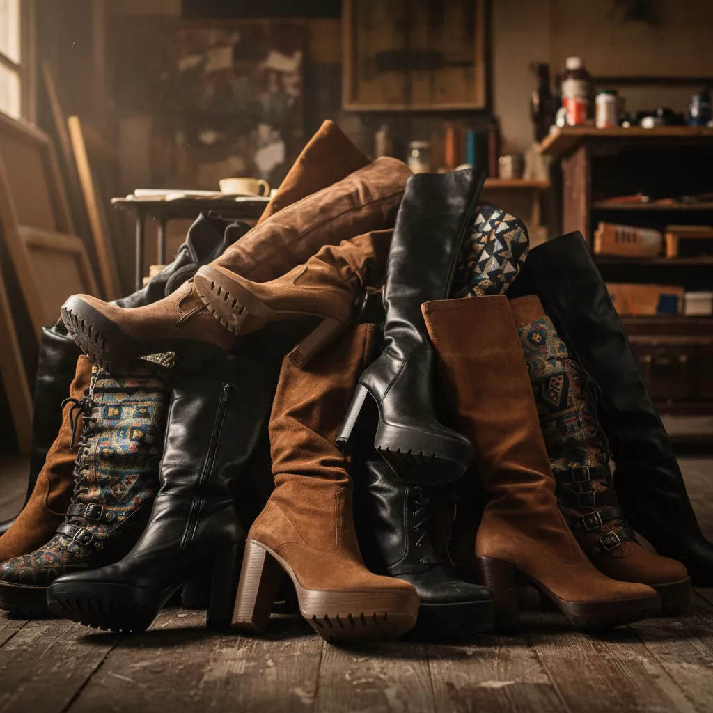 Mehrere Paar Overknee- und Lederstiefel aus Wildleder und Glattleder in Braun und Schwarz, modisch arrangiert im herbstlichen Ambiente.