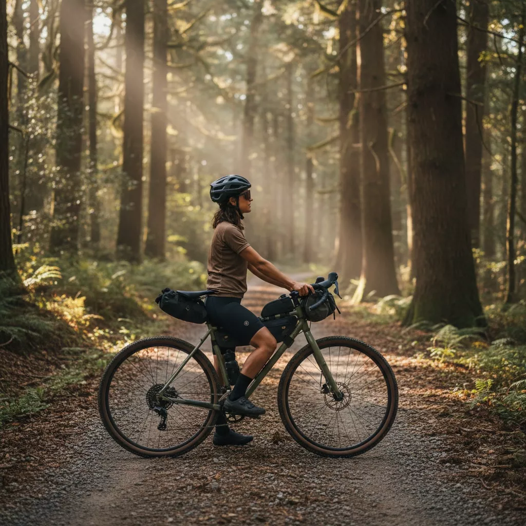Eine Frau fährt mit ihrem Gravel Bike auf einer Schotterstraße in den Bergen, dynamisch und sportlich, mit Flusstal im Hintergrund.
