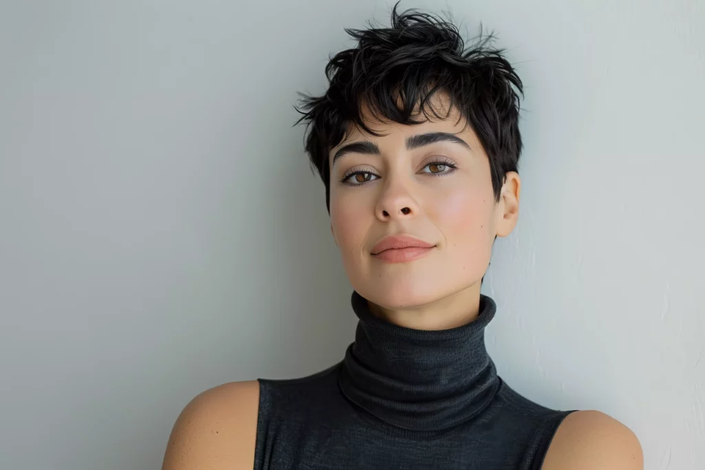 Frau mit dunklem, lockigem Pixie Cut und schwarzem Rollkragenpullover