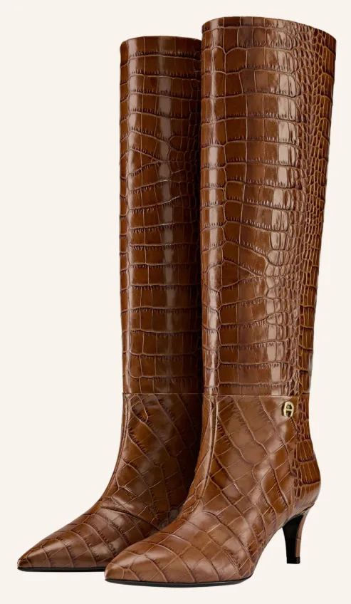 Kniehohe, braune Lederstiefel mit Kroko-Prägung, spitzer Kappe und kleinem Kitten Heel, freigestellt vor hellem Hintergrund.