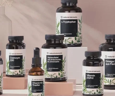 Natural elements – Nahrungsergänzungsmittel (L-Tryptophan, Coenzym Q10, Mariendistel mit Artischocke & Löwenzahn, Vitamin D3/K2, Vitamin K2 Tropfen, Omega-3 aus Fischöl) im minimalistischen Stillleben