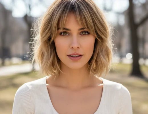 Cami Cut mit weichen Stufen und Curtain-Pony bei blondem, schulterlangem Haar – natürlich gestylt im Park, trendige Low-Maintenance-Frisur.