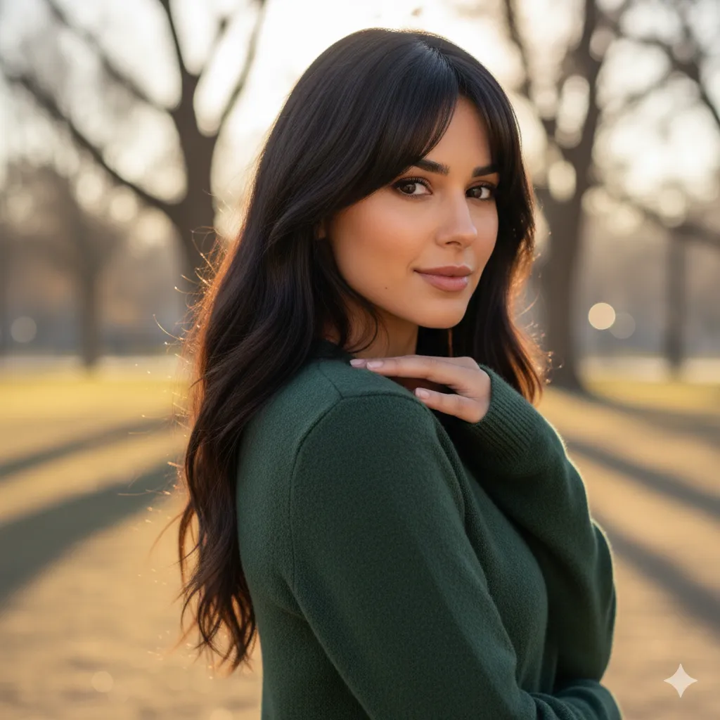 Cami Cut mit langen, dunklen Haaren und soften Curtain-Bangs – natürliches Face-Framing im Abendlicht im Park.