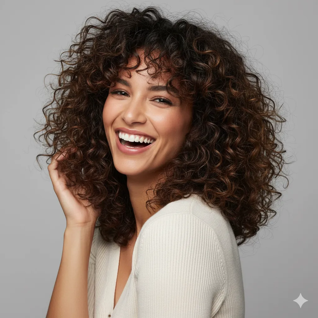 Curly Cami Cut mit federnden Locken und weichem Pony – natürliche Definition und Face-Framing bei mittlerer Länge.