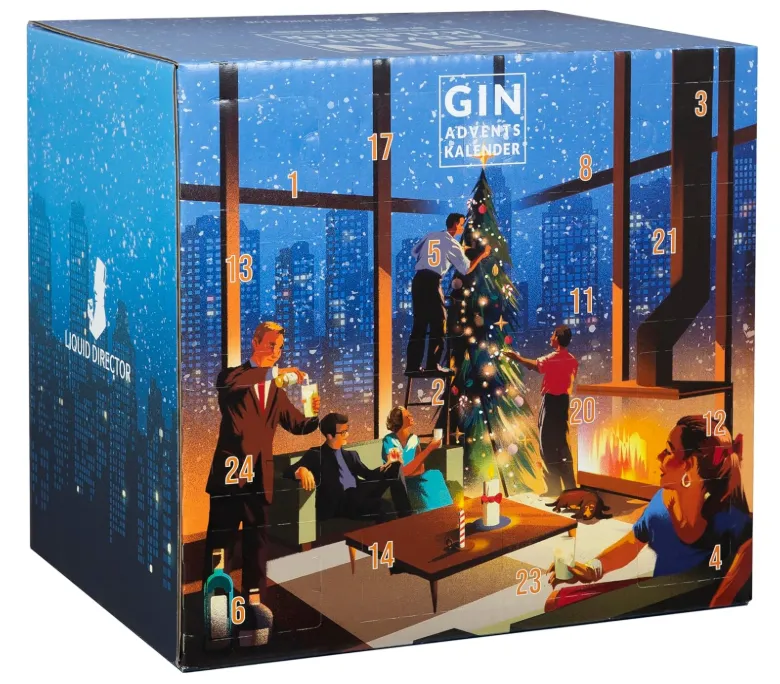 Adventskalender für Männer 2025 – Liquid Director Gin Adventskalender als würfelförmige Box mit illustrativer Feier-Szene, Kamin und nummerierten Türchen