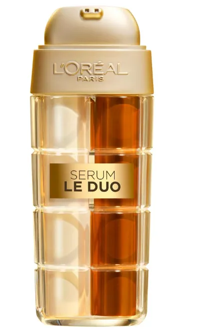 Flakon „L’Oréal Paris – Serum Le Duo“ in Gold, transparenter Behälter mit zwei getrennten Kammern in Champagner- und Bernsteinfarbe.