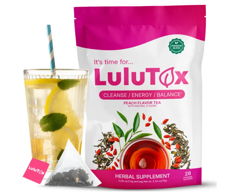 Lulutox Tee Produktfoto – Packung „Peach Flavor Tea“ mit Glas Eistee, Zitrone, Minze und Pyramidenbeutel; Detox- und Wellness-Tee mit 28 Pyramidenbeuteln.