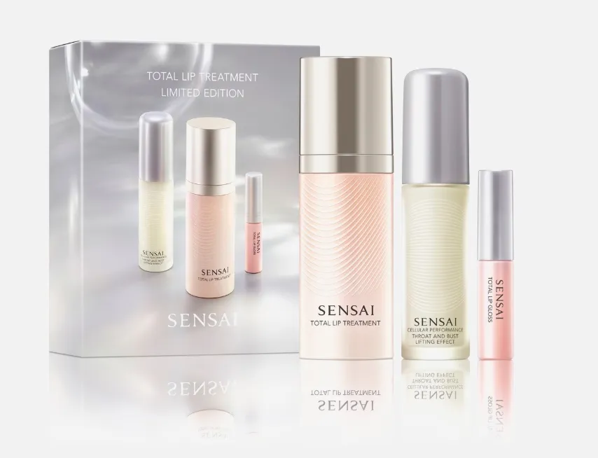 SENSAI Total Lip Treatment Limited Edition – Set mit Lip Treatment, Cellular Performance Lifting Effect und Total Lip Gloss vor spiegelnder Box, Premium-Lippenpflege
