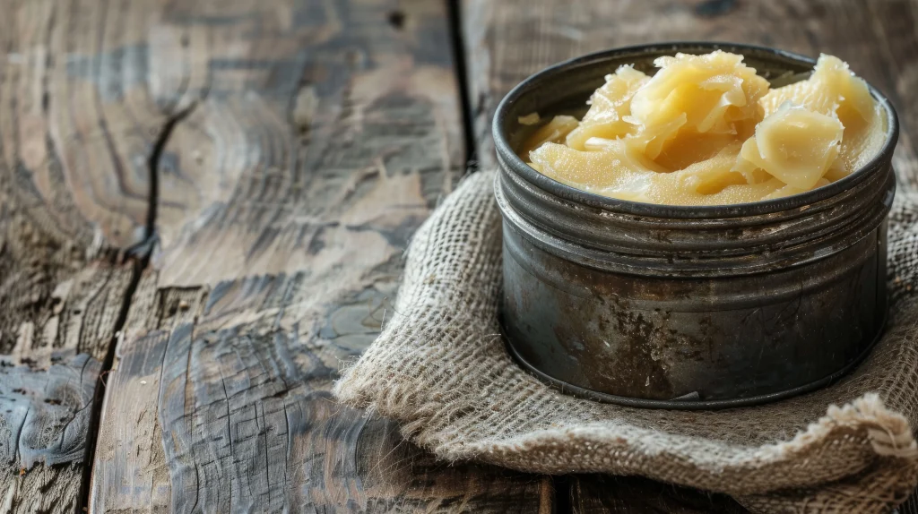 Rustikaler Metalltiegel mit festem tallow – Rindertalg auf Jute, nahe Aufnahme auf strukturierter Holzoberfläche, Naturkosmetik