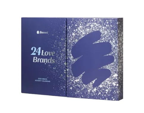 Adventskalender für Männer 2025 – flaconi „24 Love Brands Men’s Edition“ in dunkelblauer Box mit weißen Sprenkeln