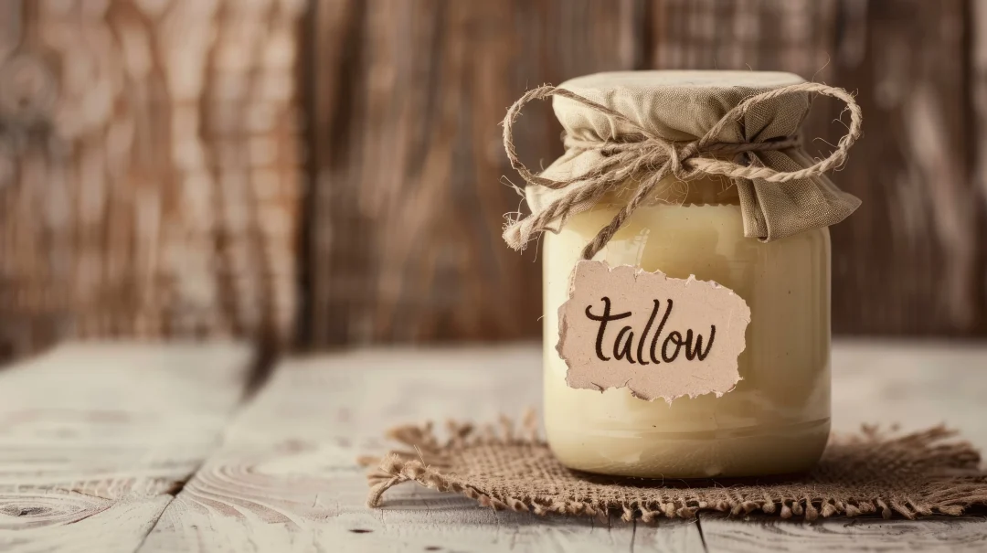 Tallow in Glas – cremiger Rindertalg im Schraubglas mit Jutetuch auf rustikaler Holzoberfläche, Naturkosmetik für Hautpflege