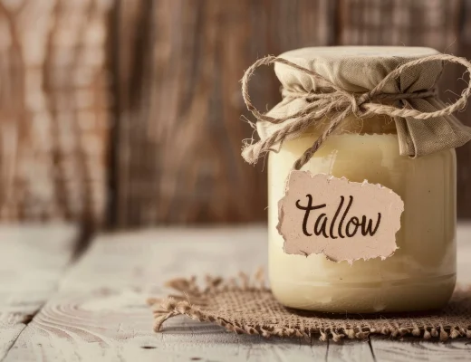 Tallow in Glas – cremiger Rindertalg im Schraubglas mit Jutetuch auf rustikaler Holzoberfläche, Naturkosmetik für Hautpflege