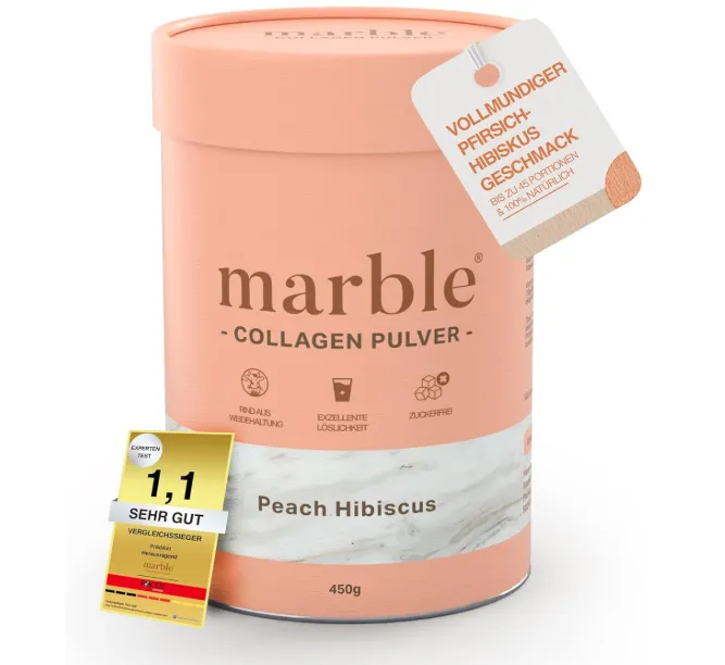 Dose „marble – Collagen Pulver“ in der Sorte Peach Hibiscus, lachsfarbene Verpackung mit Anhänger „vollmundiger Pfirsich-Hibiskus-Geschmack“ und sichtbarem Qualitätssiegel „1,1 sehr gut – Vergleichssieger“.