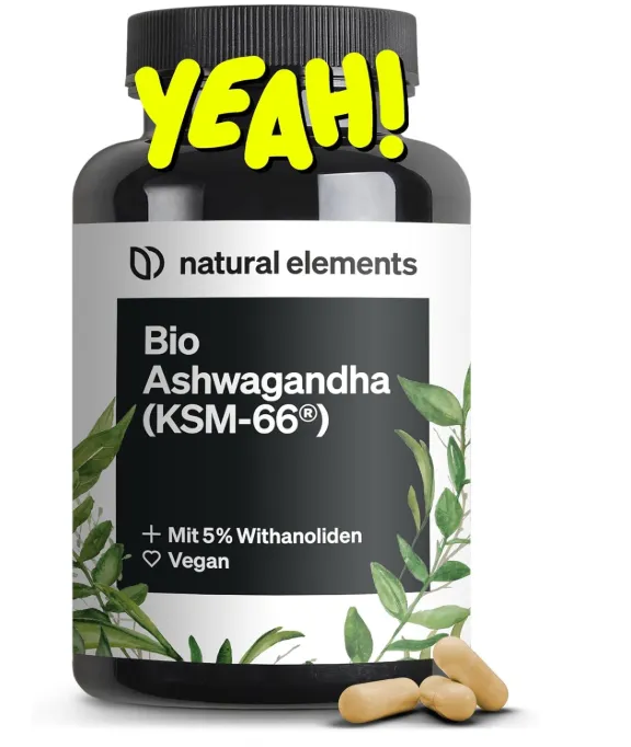 Natural elements – Bio Ashwagandha (KSM-66®) mit 5 % Withanoliden, vegane Kapseln vor schwarzer Flasche, gelber „YEAH!“-Sticker
