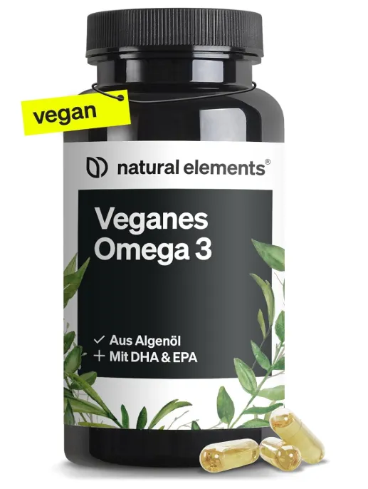 Natural elements – veganes Omega-3 aus Algenöl mit DHA und EPA in schwarzer Flasche, Softgel-Kapseln im Vordergrund