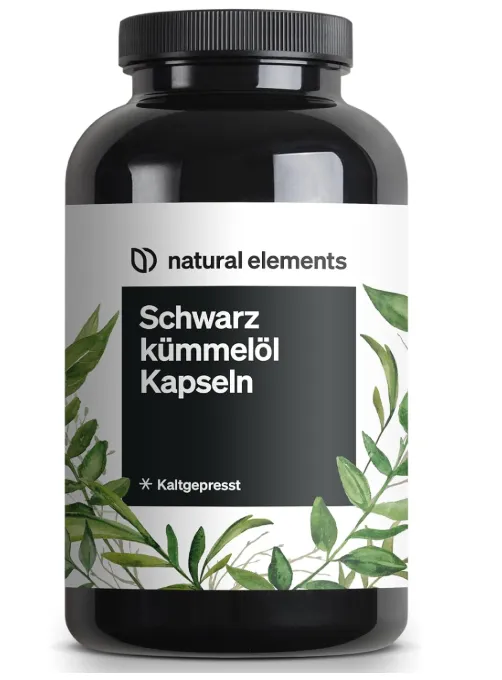 Natural elements – Schwarzkümmelöl Kapseln, kaltgepresst, schwarze Dose mit weißem Etikett und grünen Blättern