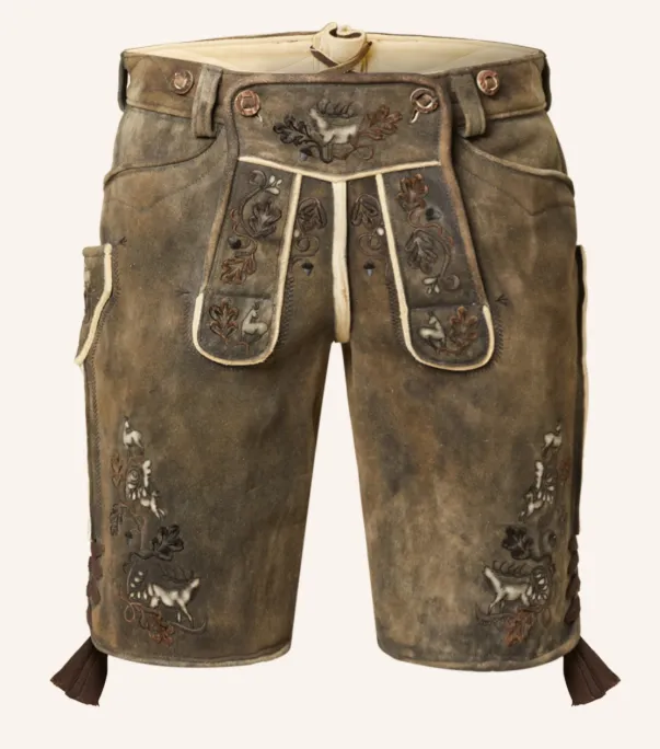 Traditionelle kurze Trachtenlederhose aus braunem Leder mit aufwendigen Stickereien und Zierleisten.