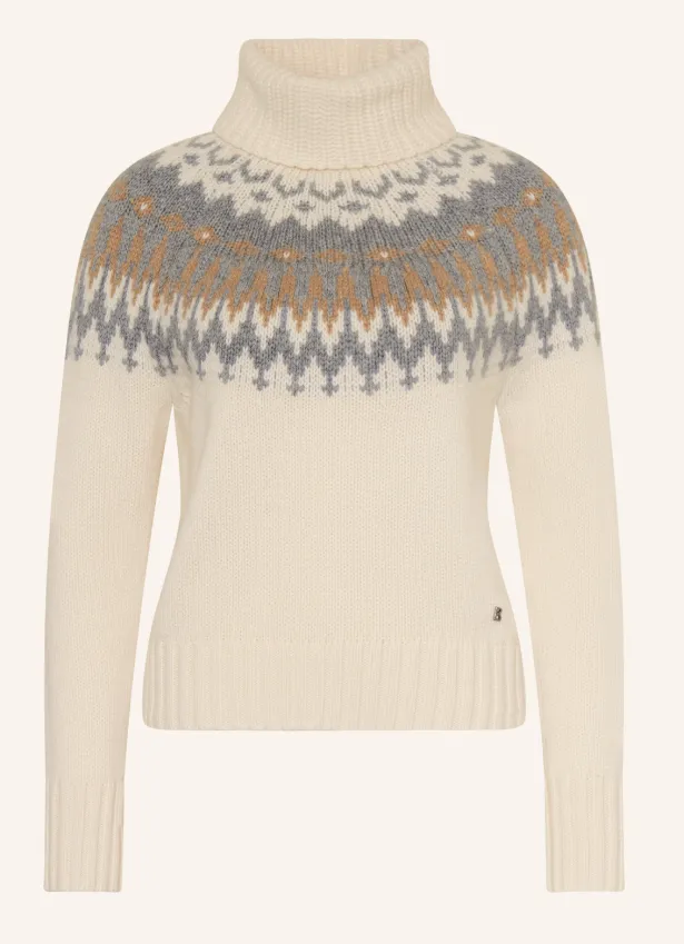 Cremefarbener Damen-Weihnachtspullover mit skandinavischem Norweger-Muster in Grau und Sandtönen sowie hohem Rollkragen.