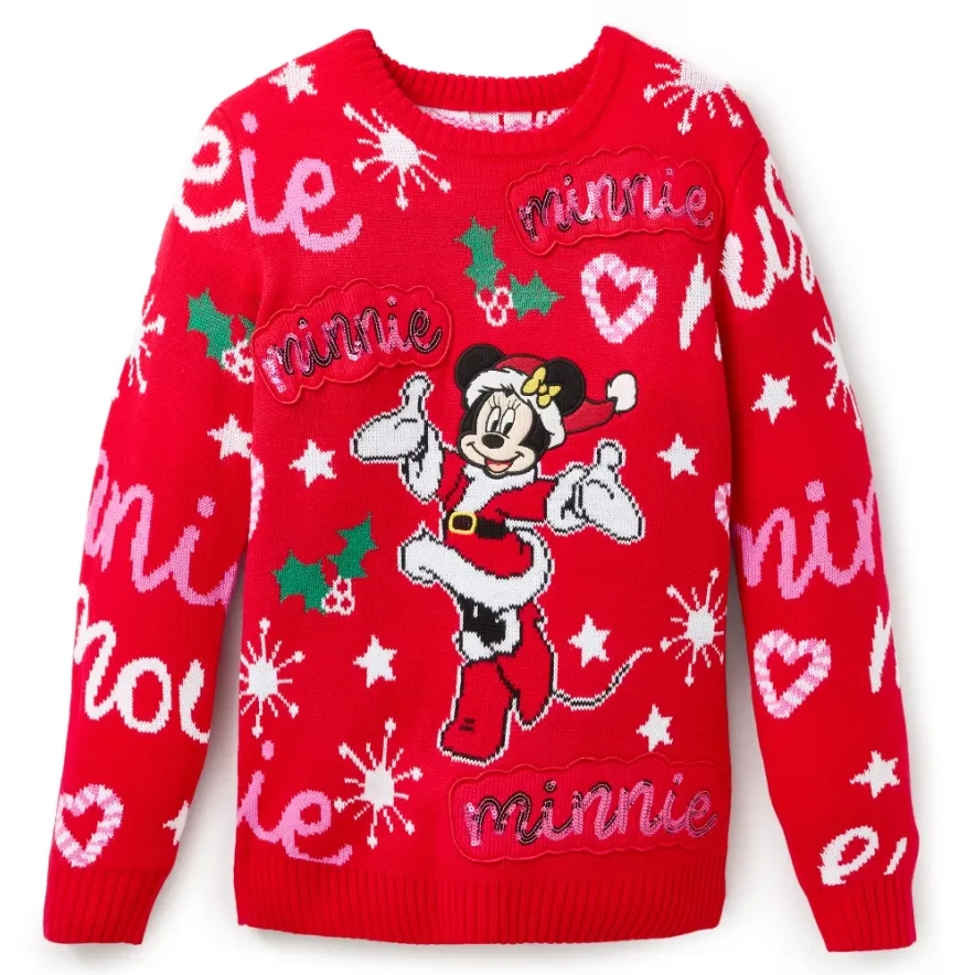 Roter Damen-Weihnachtspullover mit Minnie-Mouse-Motiv, Sternen, Herzdetails und festlichen Schriftzügen.