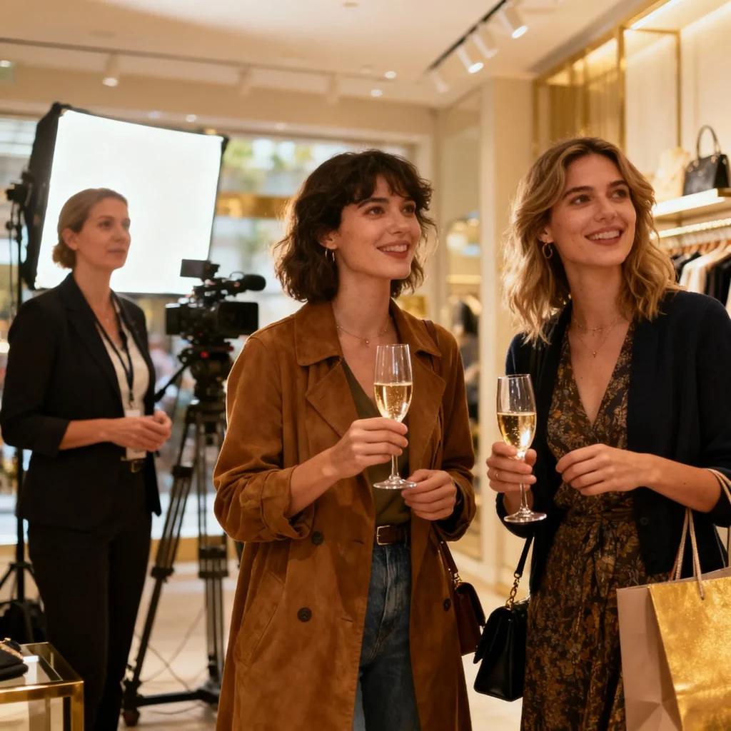 Zwei Frauen mit Sektgläsern in einem stilvollen Modegeschäft, im Hintergrund ein kleines Kamerateam während einer Mode- oder Lifestyle-Produktion.