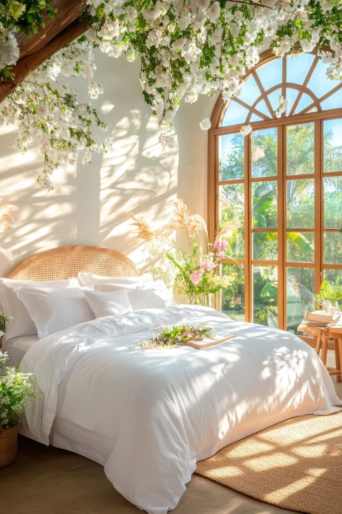 Helles Schlafzimmer mit weißer Bettwäsche, floraler Dekoration und großem Fenster mit Tageslicht.