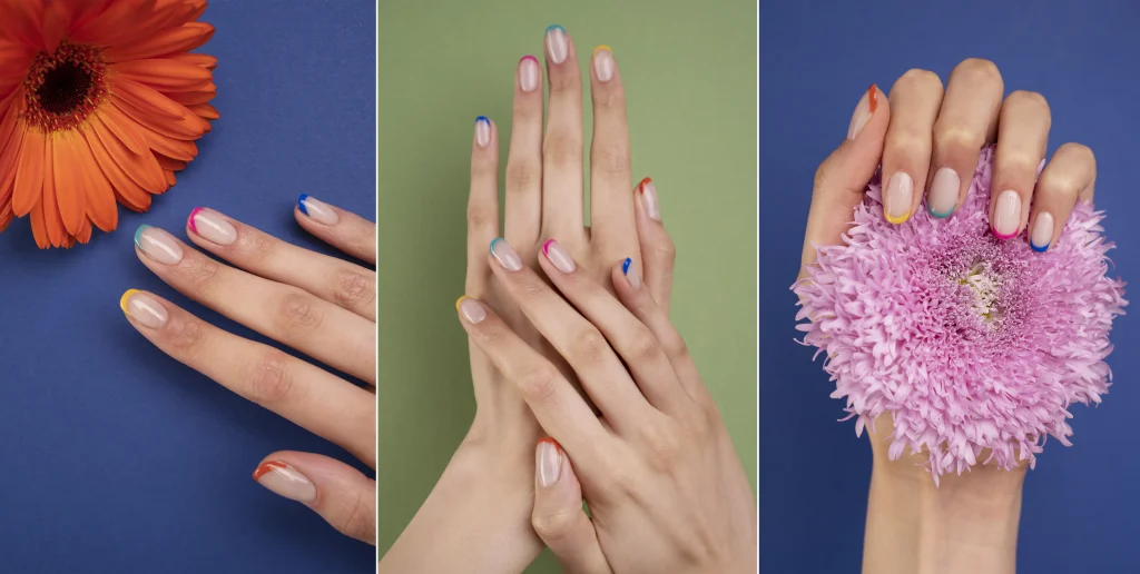 Farbige French Nails mit feinen bunten Spitzen, moderne Sommer-French-Maniküre auf natürlichen Nägeln