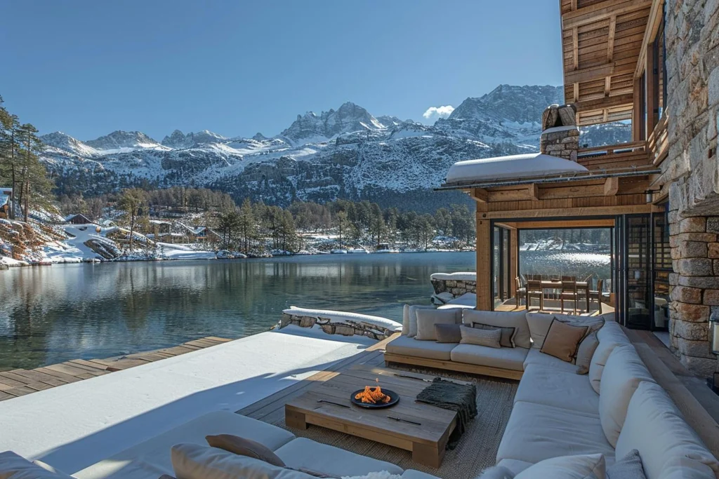 Exklusives Chalet in Italien mit Blick auf einen Bergsee und schneebedeckte Alpen im Winter.