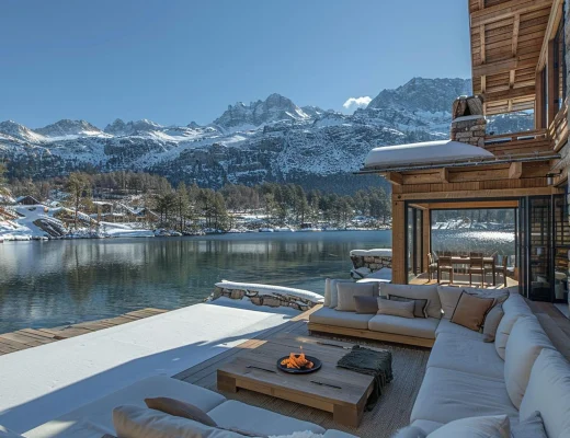 Exklusives Chalet in Italien mit Blick auf einen Bergsee und schneebedeckte Alpen im Winter.