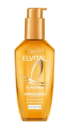 Haaröl in goldener Pumpflasche zur Pflege eines Blunt Bob, glanzgebendes Öl für glatte Längen und Spitzen