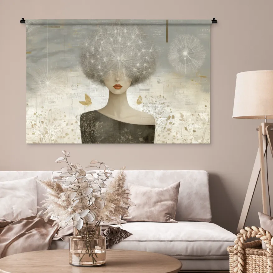 Künstlerischer Wandteppich mit stilisiertem Frauenporträt und floralen Elementen als textile Wandkunst im modernen Wohnraum